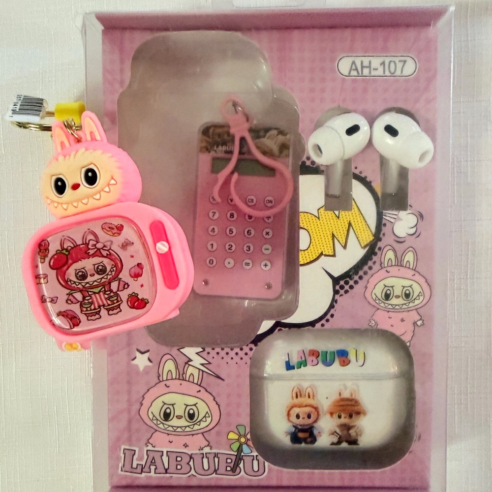 Pink Labubu themed Earbuds, calculator and ADDED KEYCHAIN